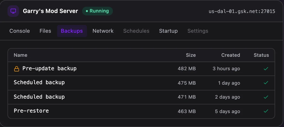Garry's Mod game panel — one-click backups