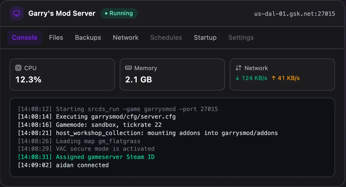 Garry's Mod game panel — live server console