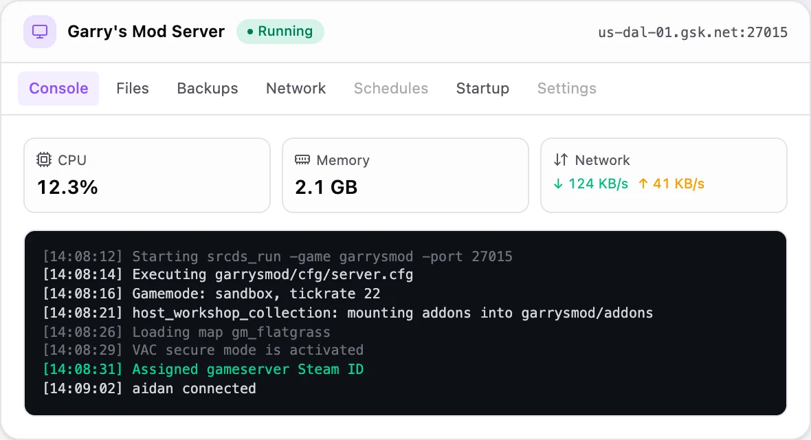Garry's Mod game panel — live server console