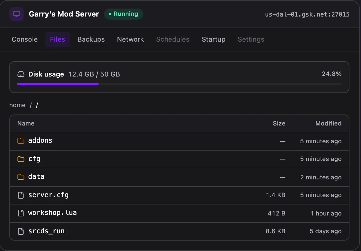 Garry's Mod game panel — full file manager