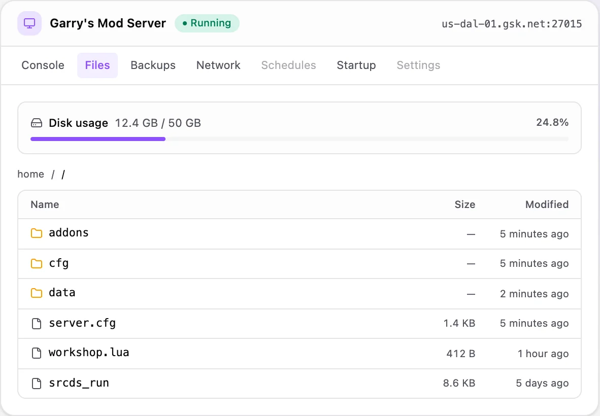 Garry's Mod game panel — full file manager