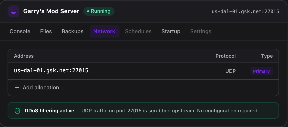 Garry's Mod game panel — network & allocations