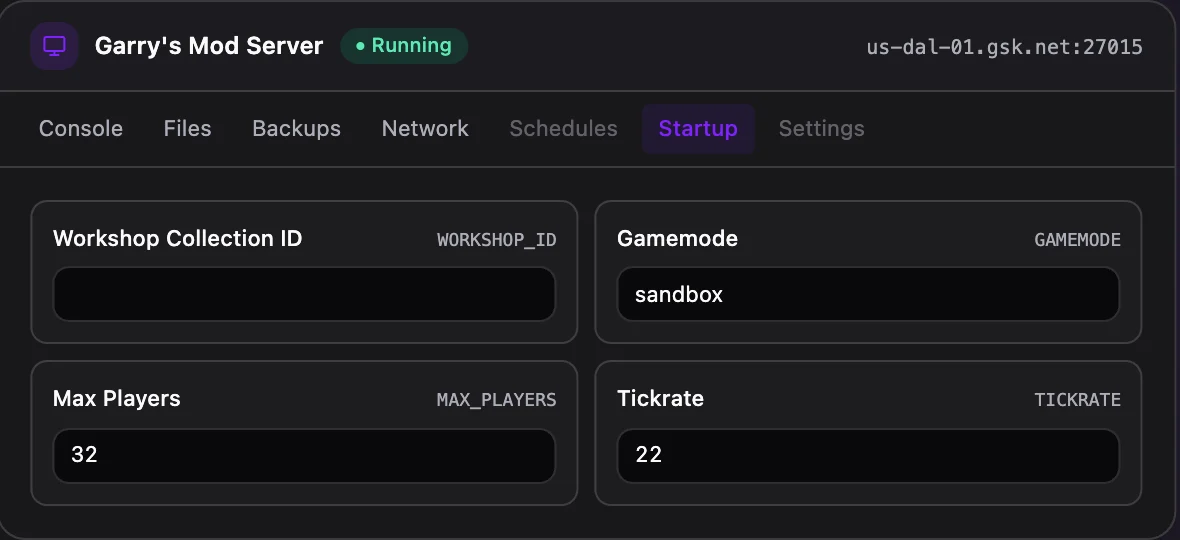 Garry's Mod game panel — startup configuration