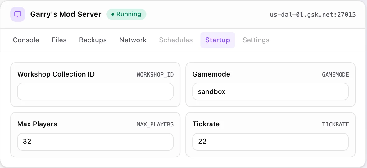 Garry's Mod game panel — startup configuration