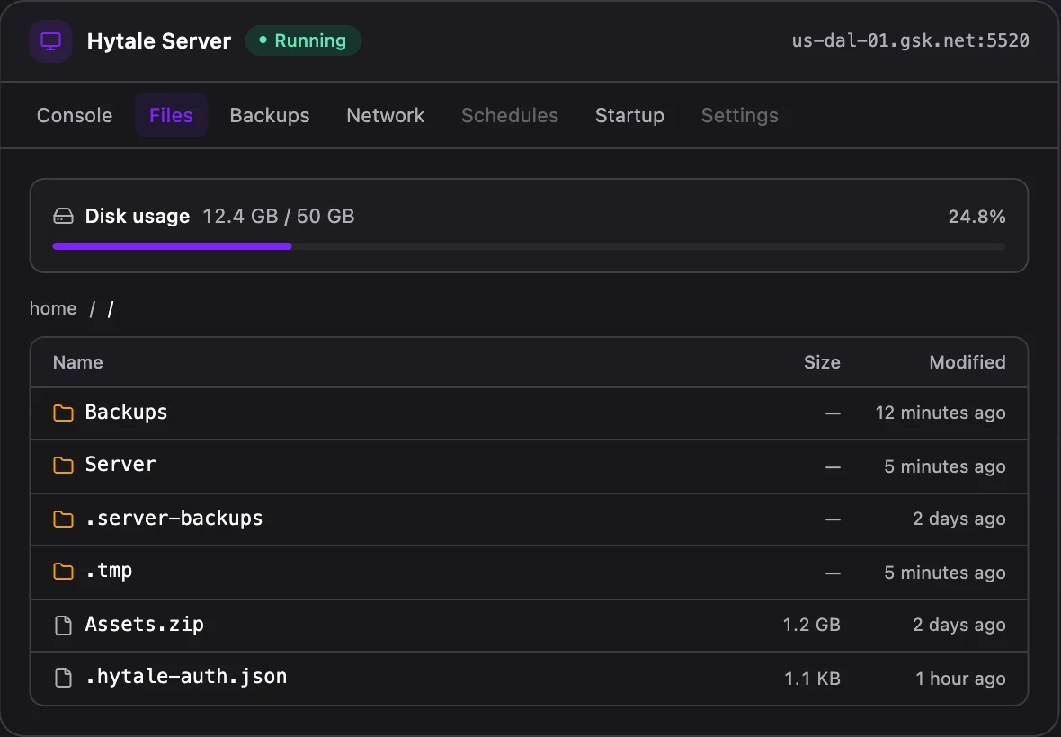 Hytale game panel — full file manager