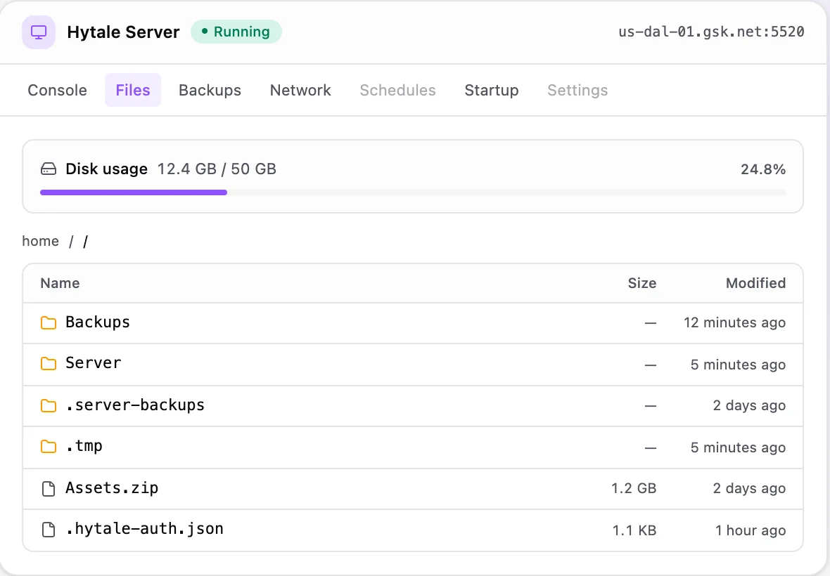 Hytale game panel — full file manager