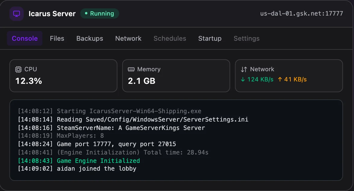 Icarus game panel — live server console