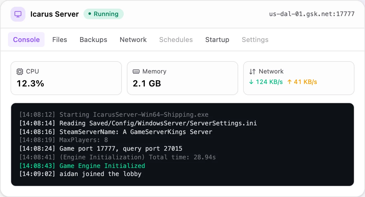 Icarus game panel — live server console
