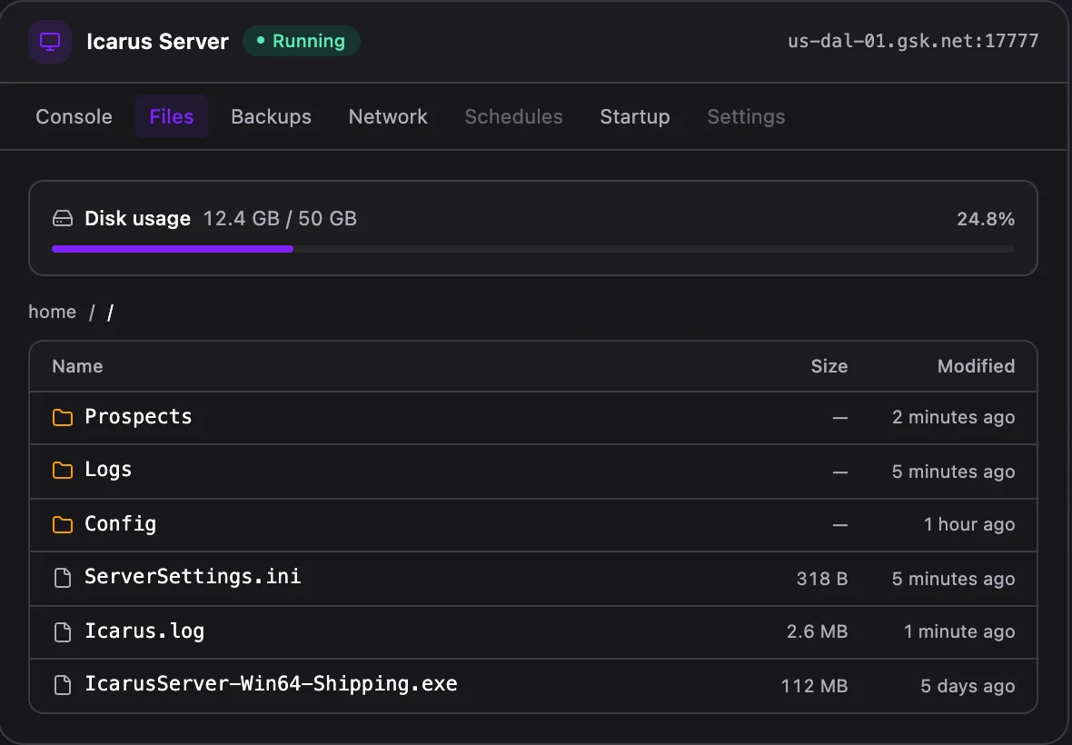 Icarus game panel — full file manager