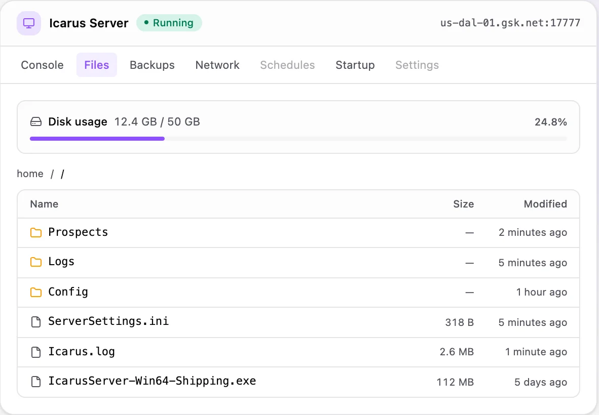 Icarus game panel — full file manager