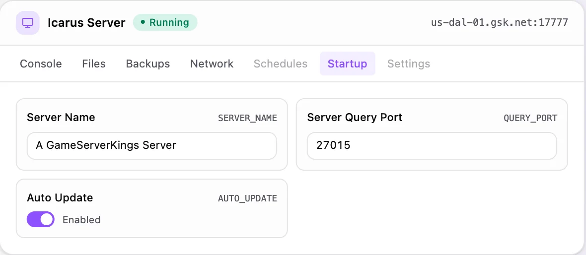 Icarus game panel — startup configuration