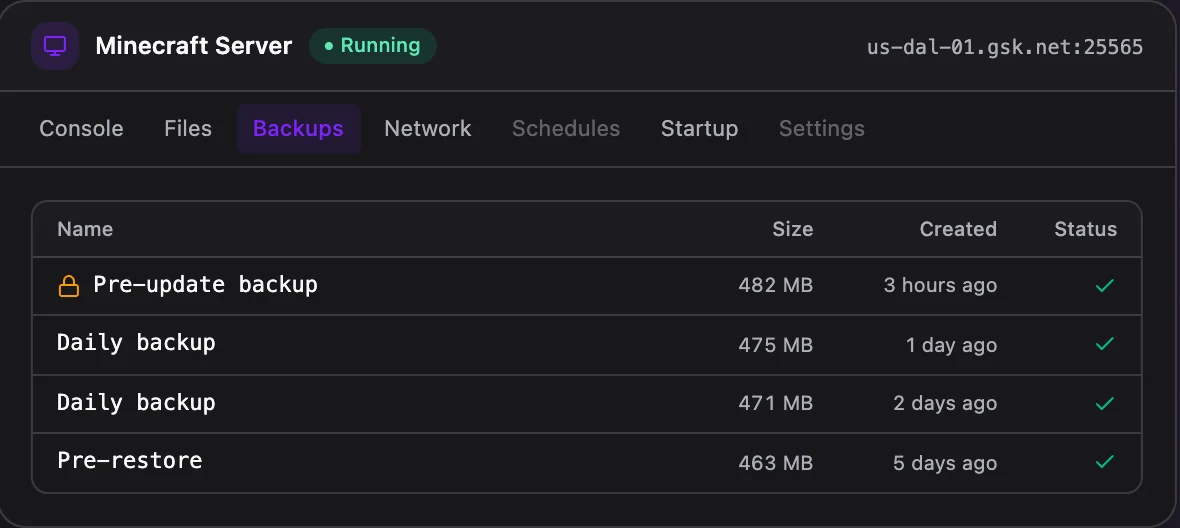 Minecraft game panel — automated backups