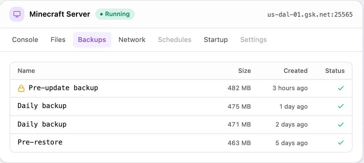 Minecraft game panel — automated backups