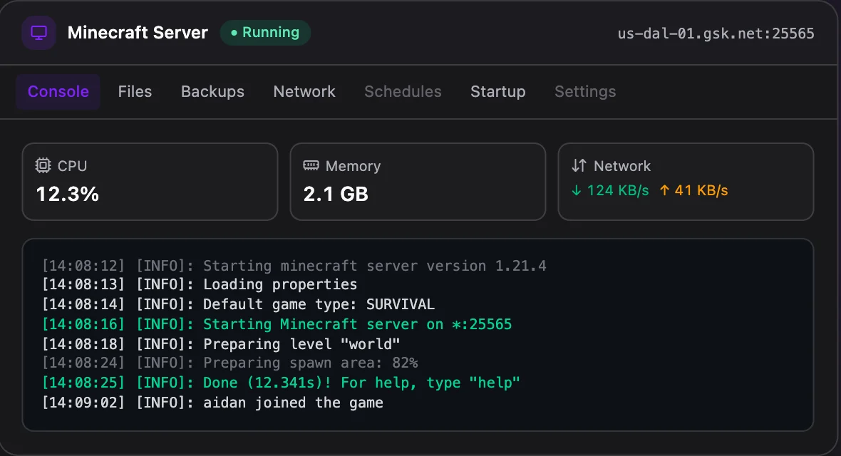 Minecraft game panel — live server console