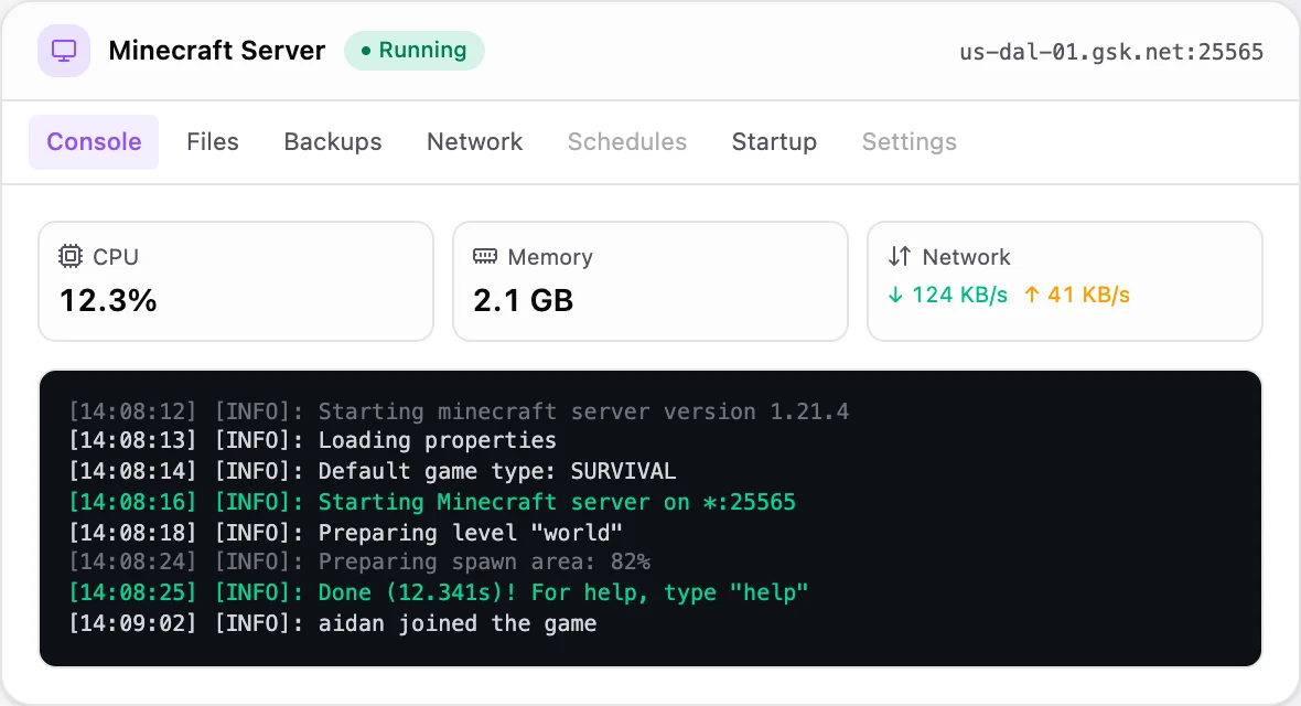 Minecraft game panel — live server console