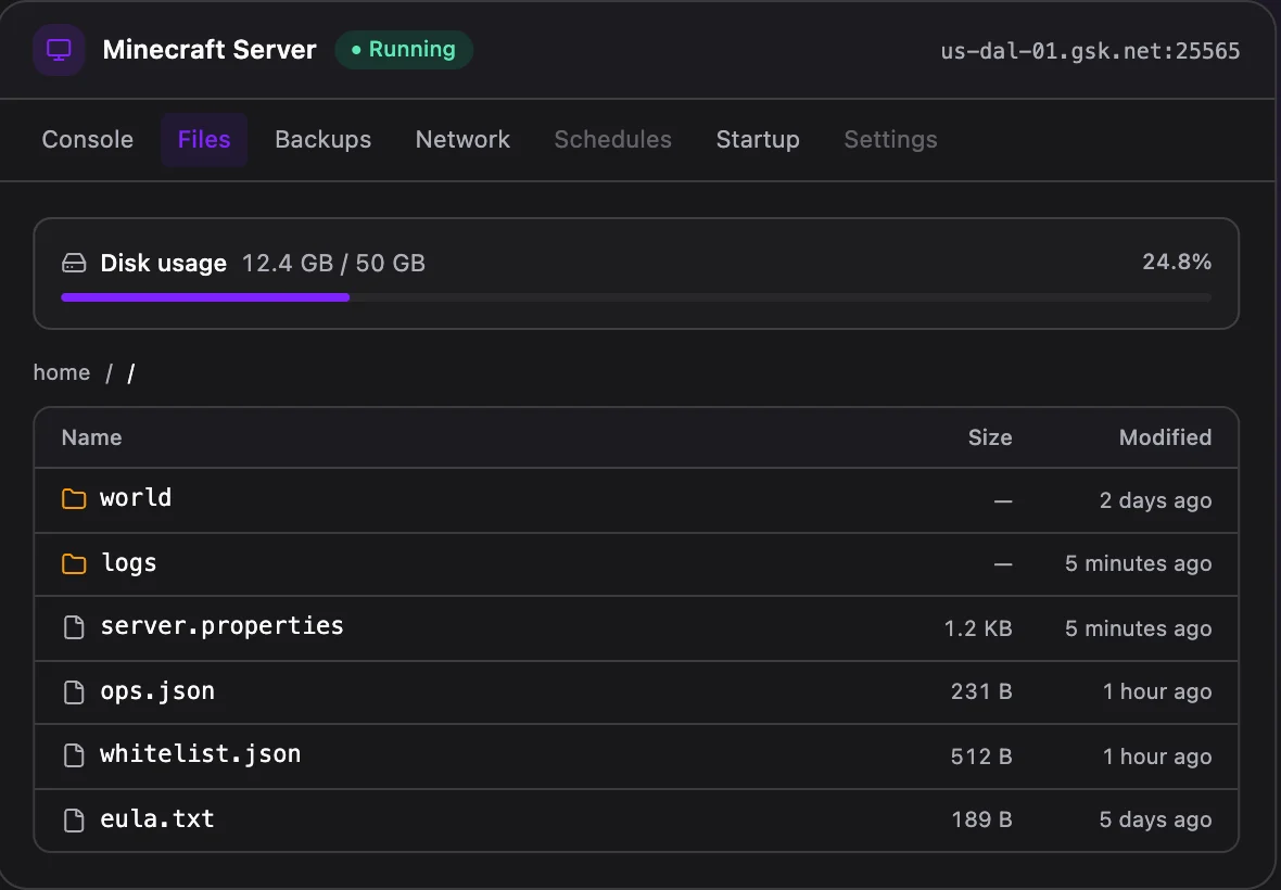 Minecraft game panel — full file manager