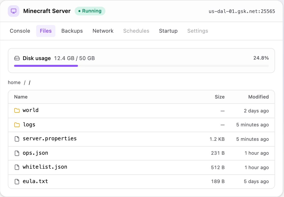 Minecraft game panel — full file manager