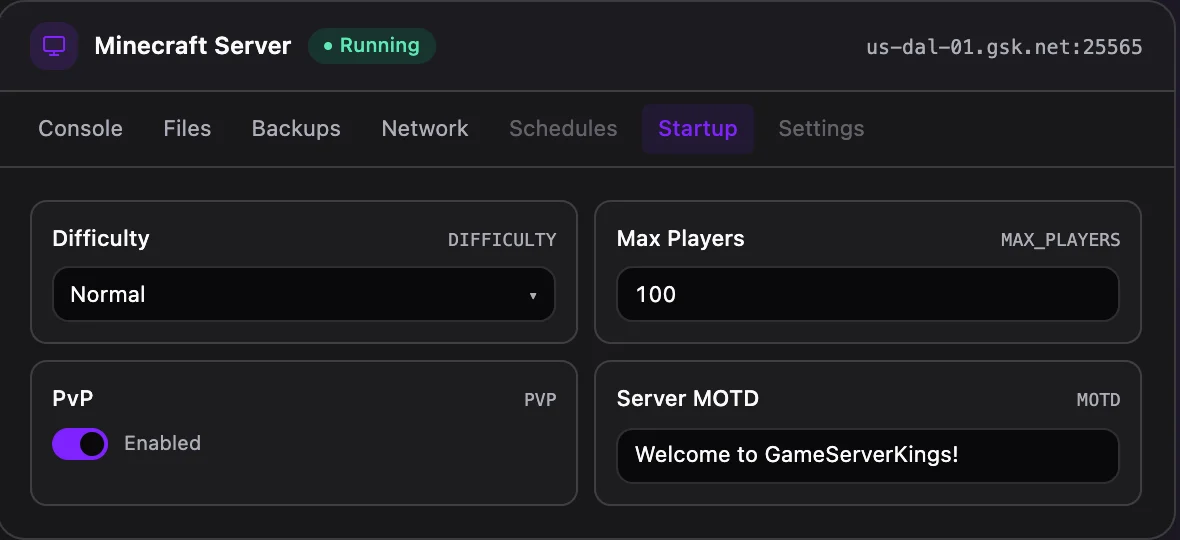 Minecraft game panel — startup configuration