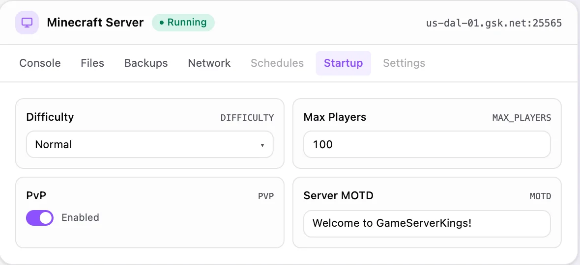 Minecraft game panel — startup configuration