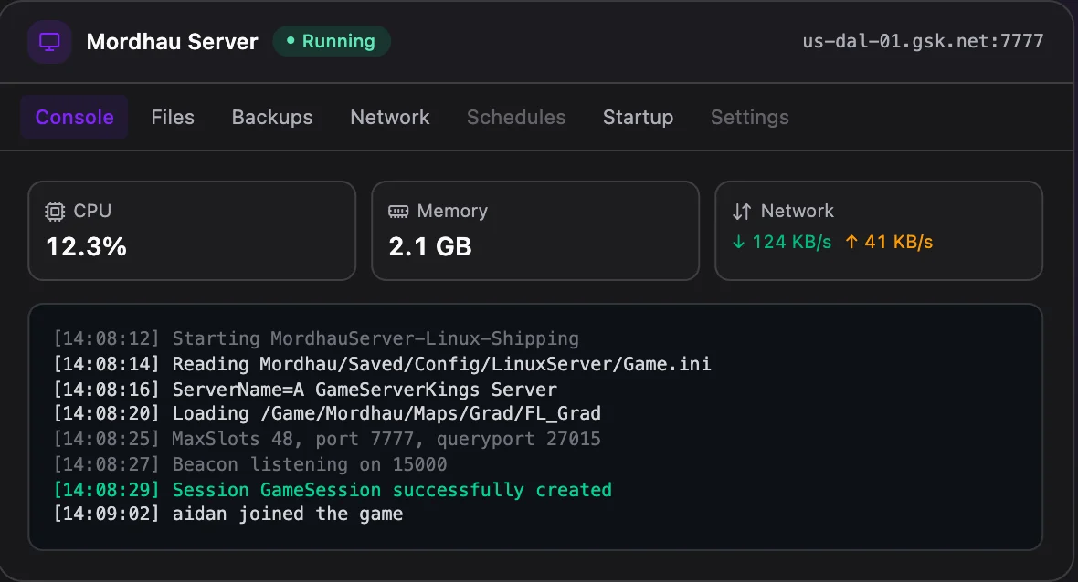 Mordhau game panel — live server console