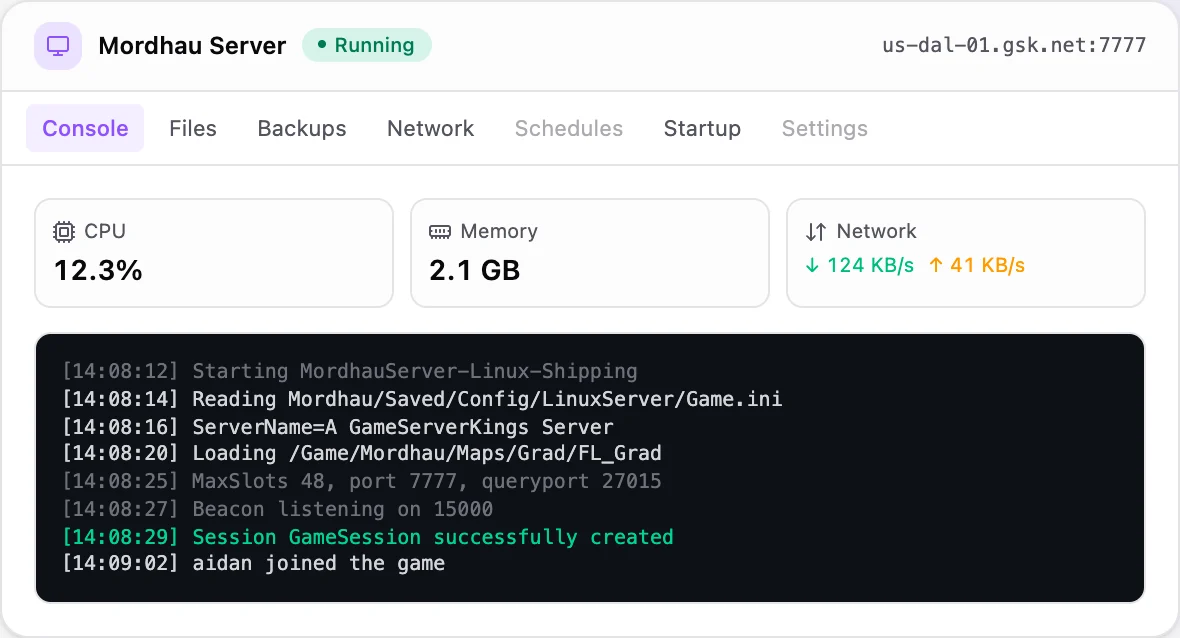 Mordhau game panel — live server console