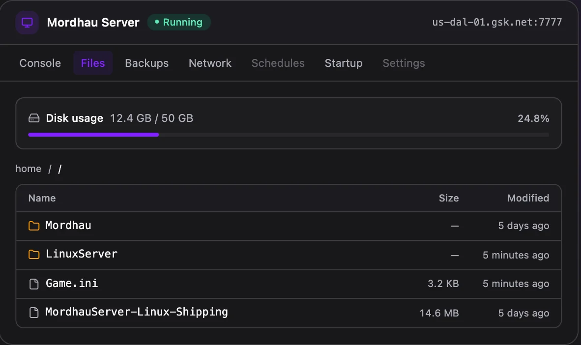 Mordhau game panel — full file manager