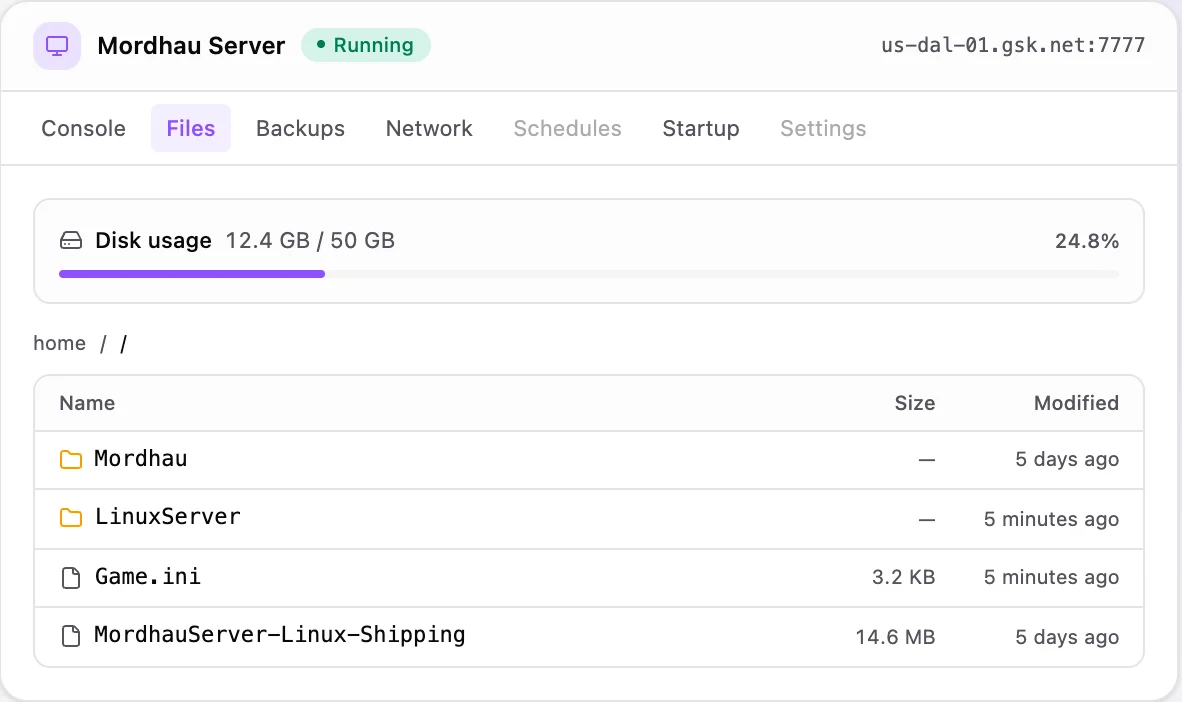 Mordhau game panel — full file manager