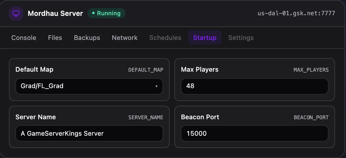 Mordhau game panel — startup configuration