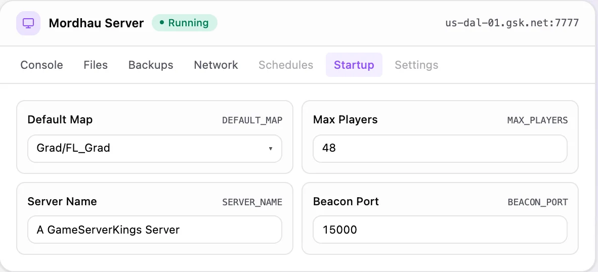 Mordhau game panel — startup configuration