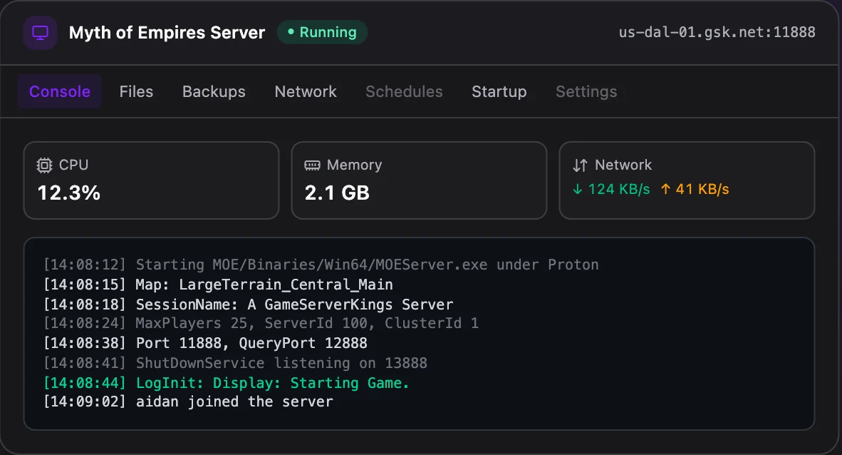 Myth of Empires game panel — live server console