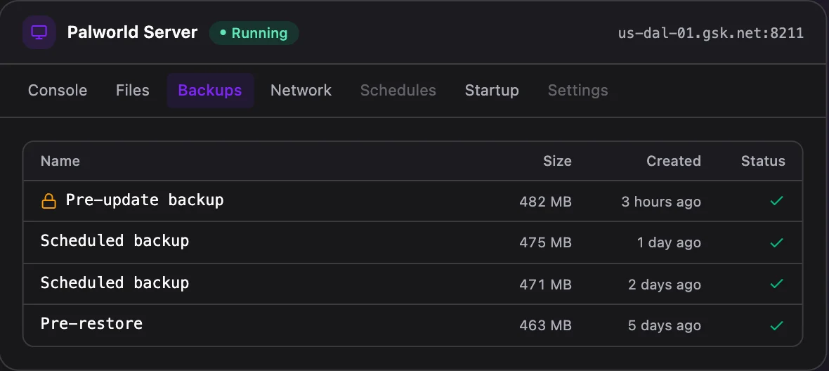 Palworld game panel — one-click backups