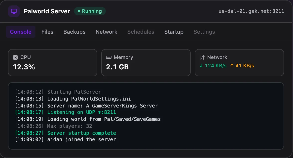 Palworld game panel — live server console