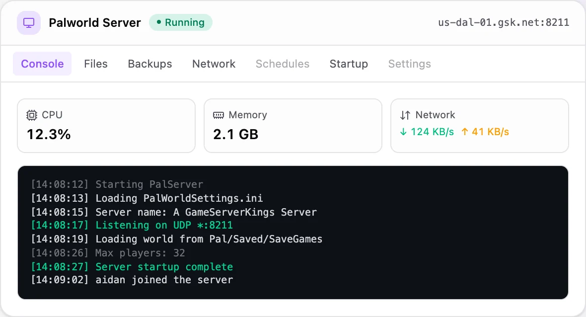 Palworld game panel — live server console