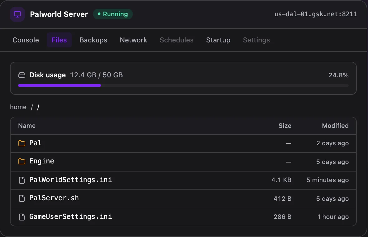 Palworld game panel — full file manager