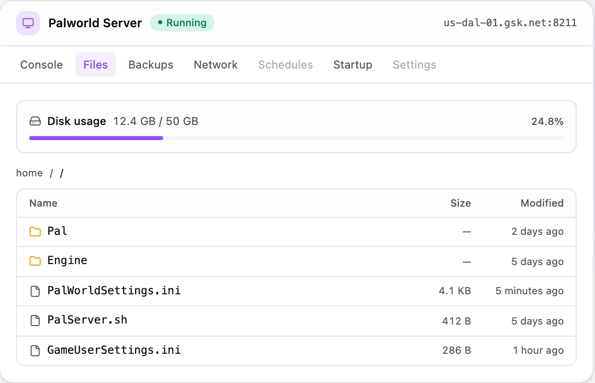 Palworld game panel — full file manager