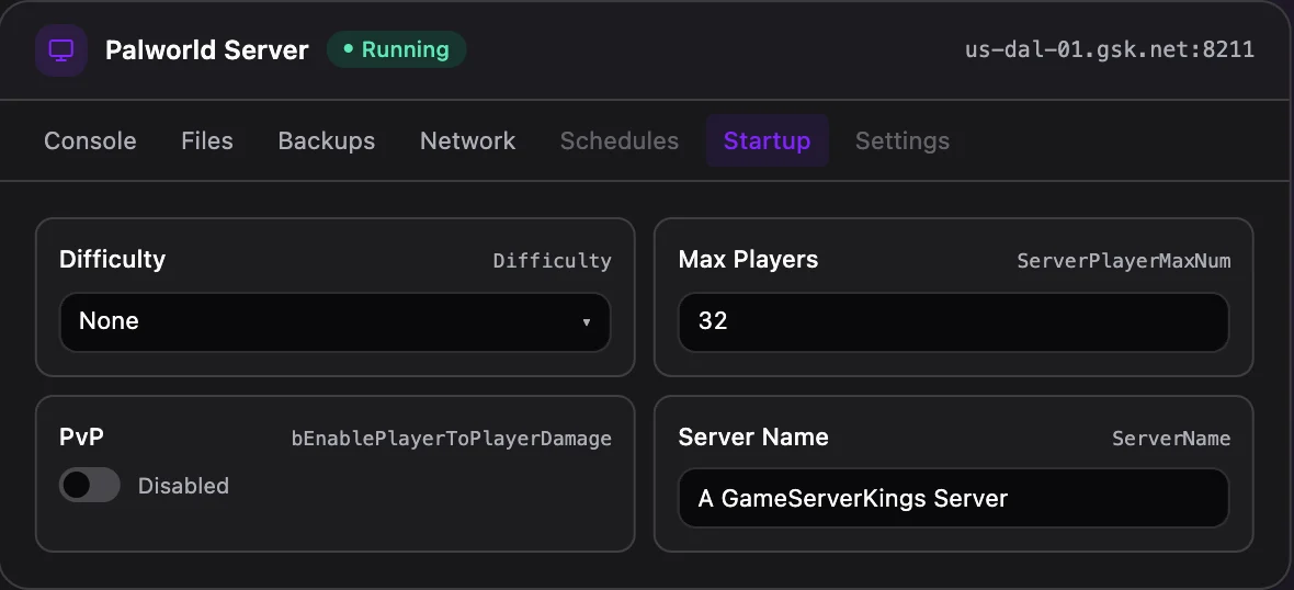 Palworld game panel — startup configuration