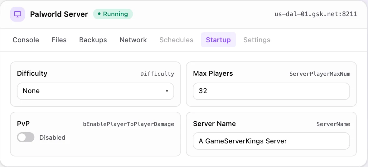 Palworld game panel — startup configuration