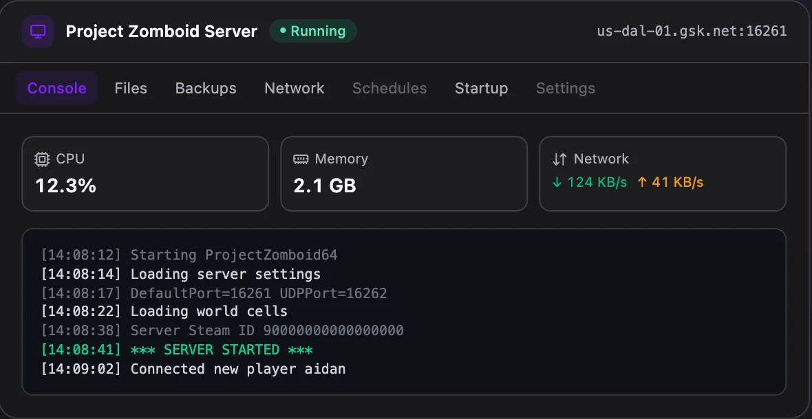 Project Zomboid game panel — live server console