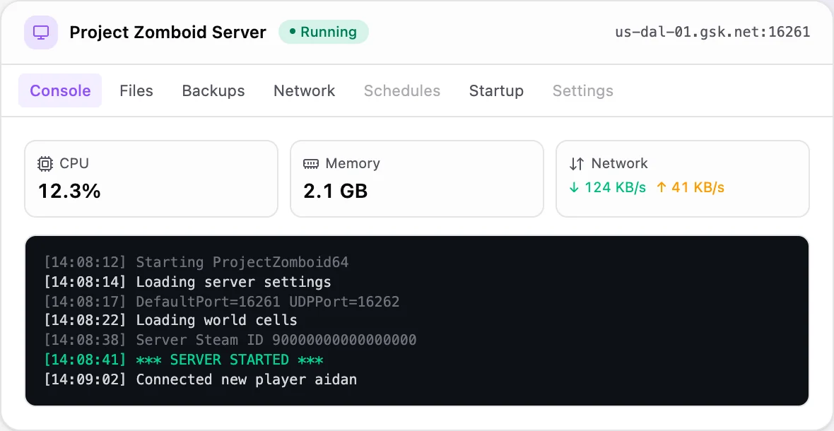 Project Zomboid game panel — live server console