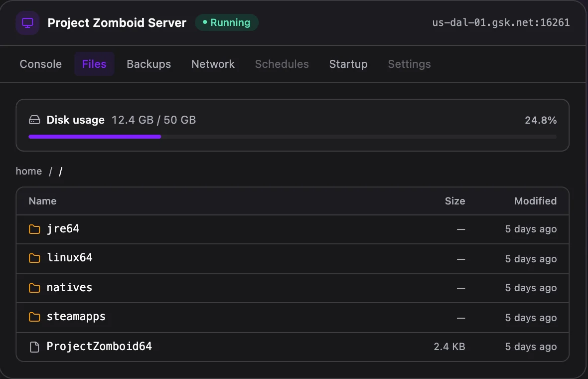 Project Zomboid game panel — full file manager