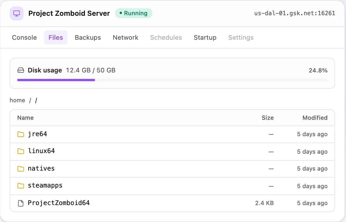 Project Zomboid game panel — full file manager