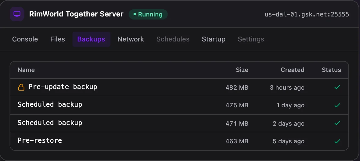 RimWorld Together game panel — one-click backups