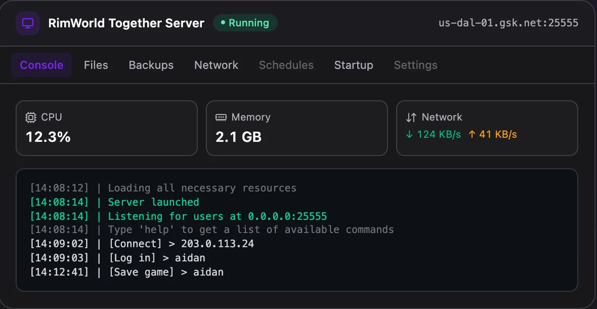 RimWorld Together game panel — live server console