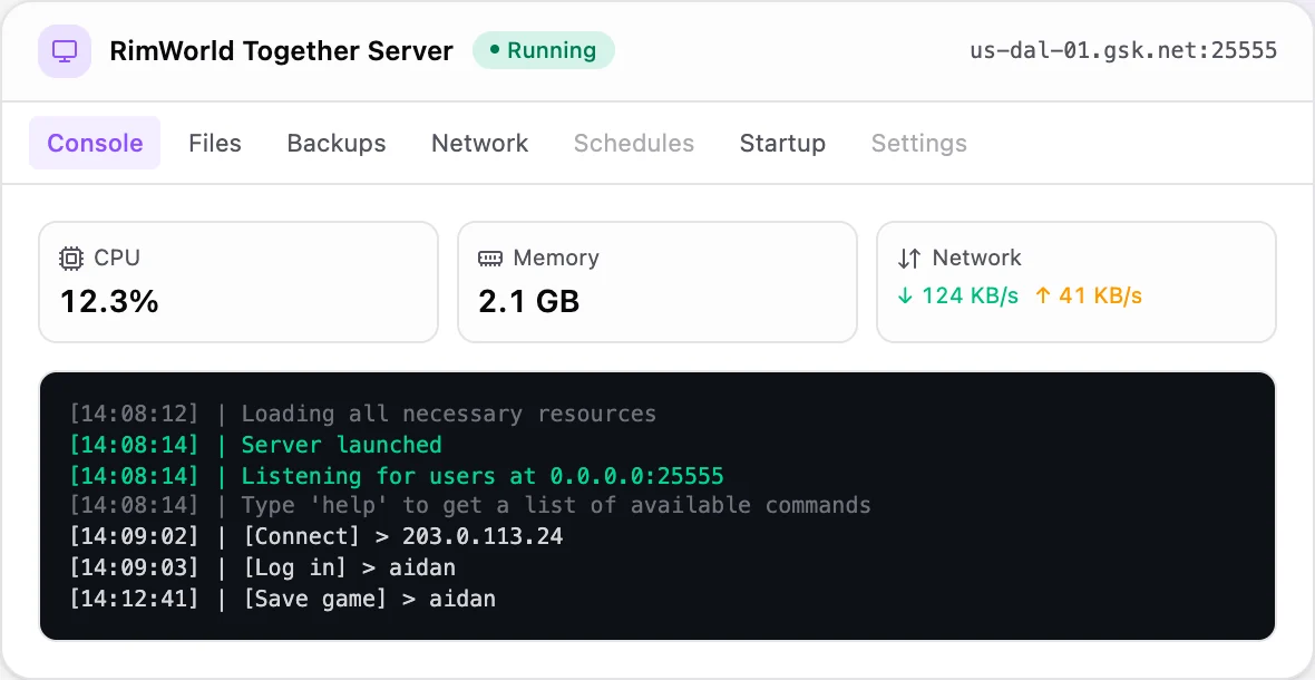 RimWorld Together game panel — live server console