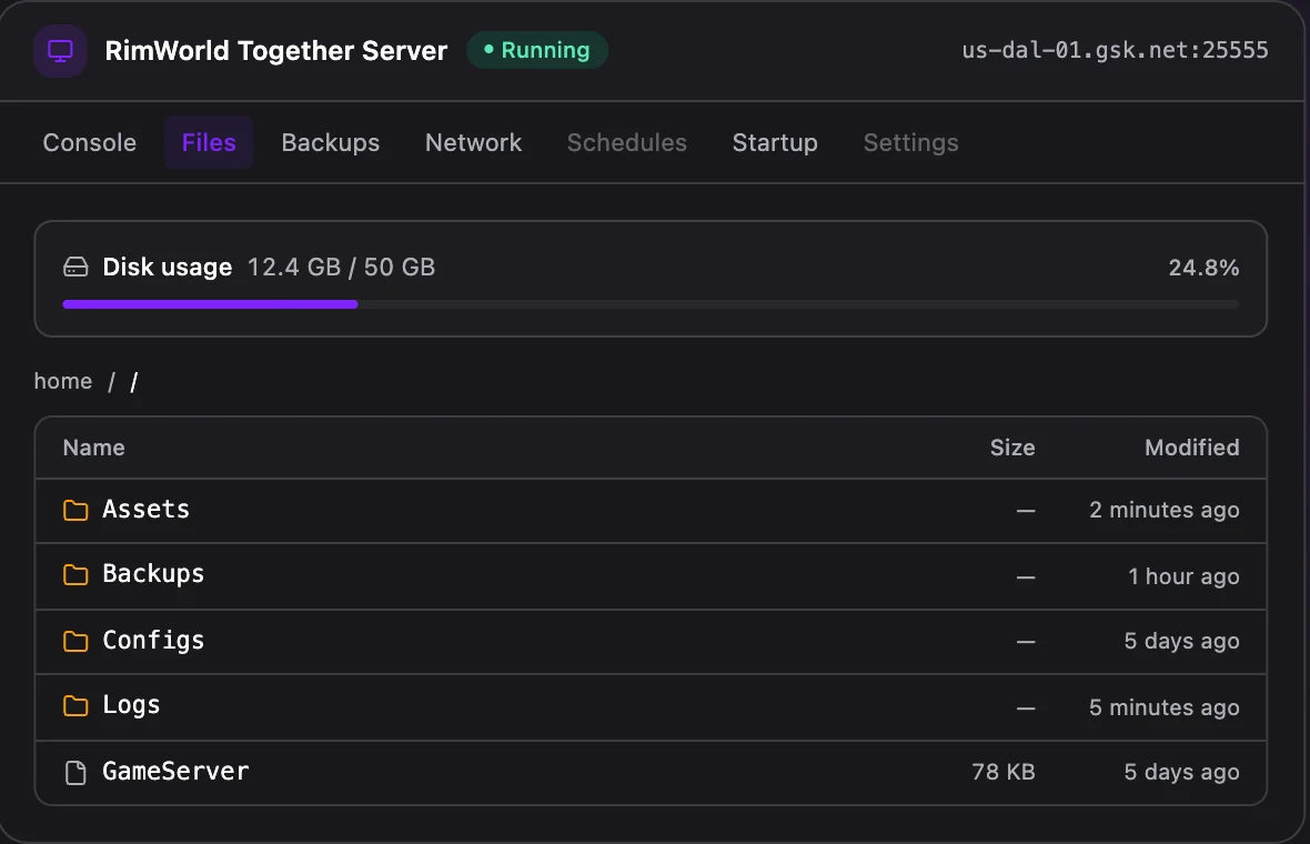 RimWorld Together game panel — full file manager