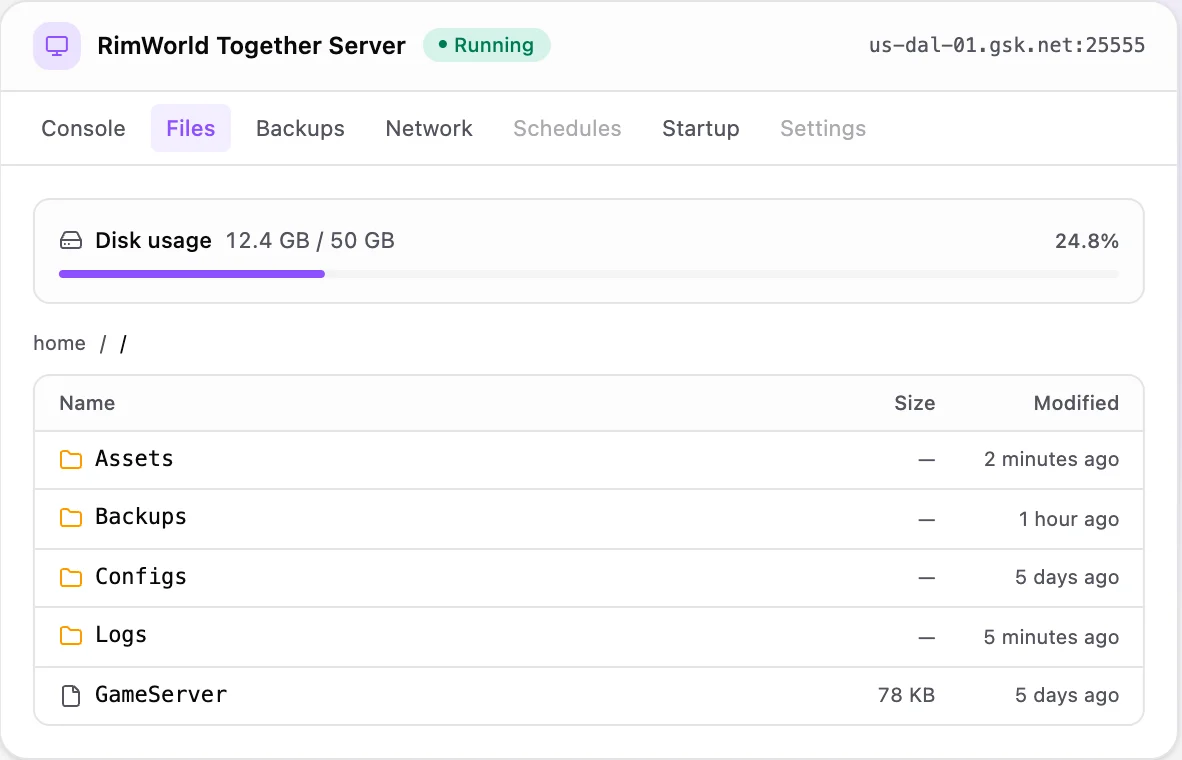 RimWorld Together game panel — full file manager