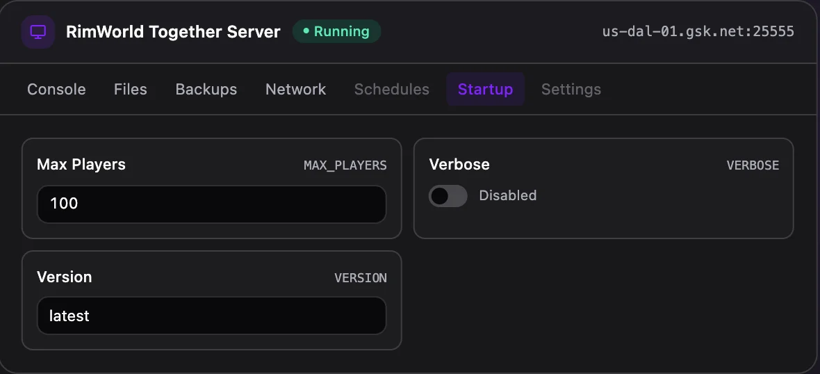 RimWorld Together game panel — startup configuration