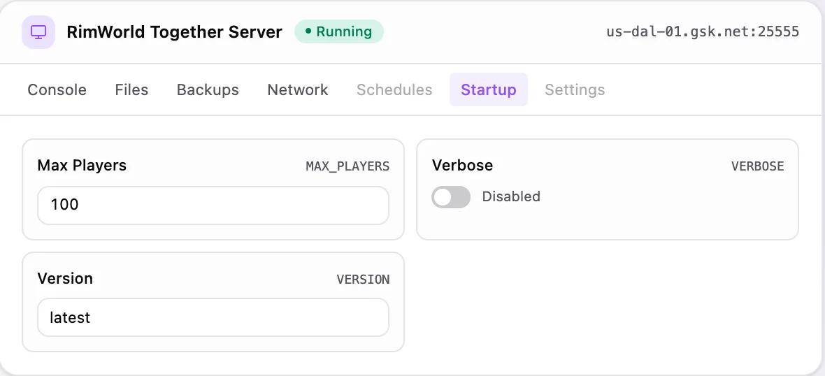 RimWorld Together game panel — startup configuration