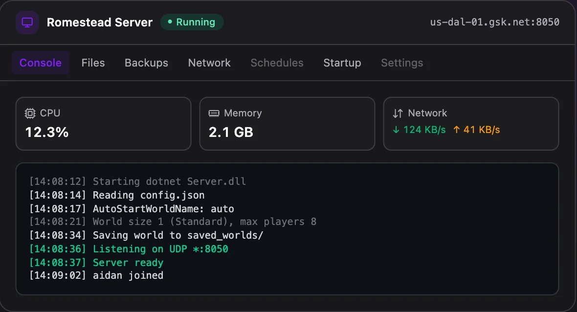 Romestead game panel — live server console