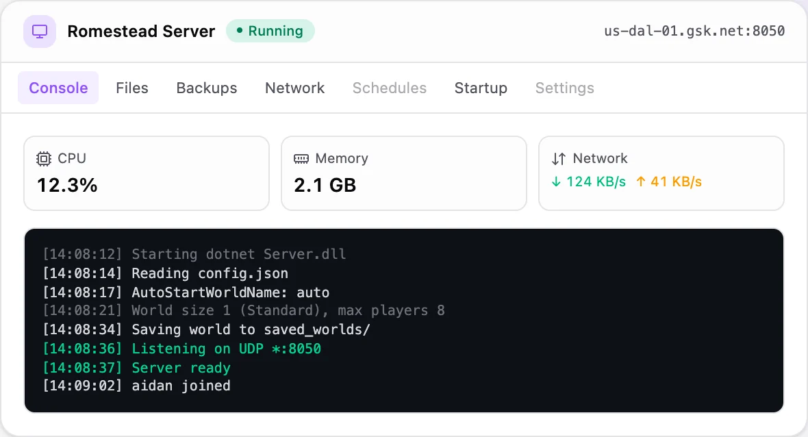 Romestead game panel — live server console